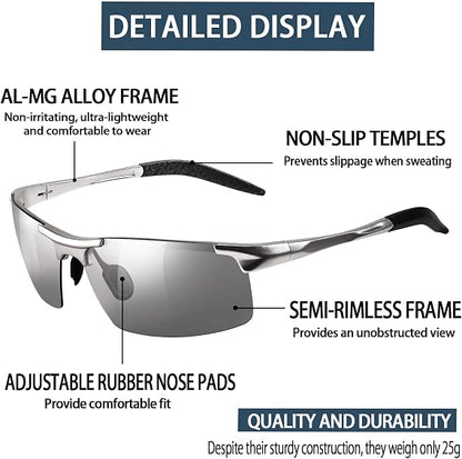 Photochromic Sunglasses with Anti-glare Polarized Lens- Day & Night Driving Safety Glasses