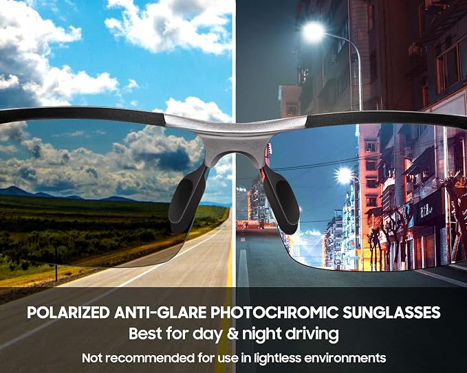 Photochromic Sunglasses with Anti-glare Polarized Lens- Day & Night Driving Safety Glasses